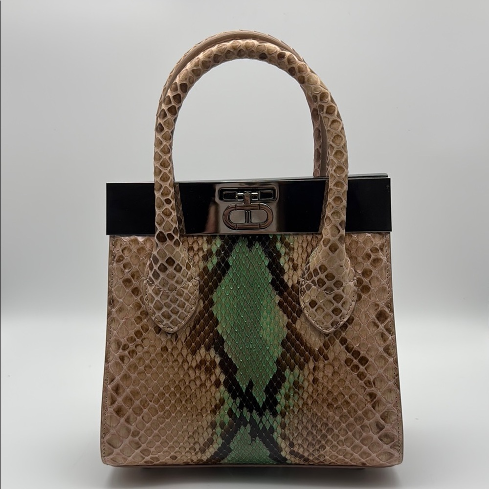 Chic Tan and Green Snakeskin Satchel